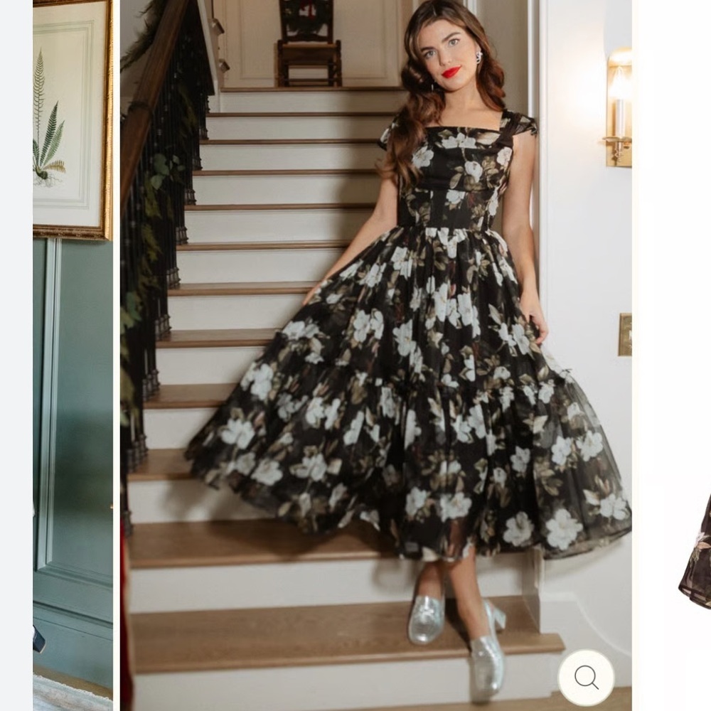 Ivy City Co Dress I Feel Pretty Magnolia Black Floral Print Midi Cap Sleeve 6